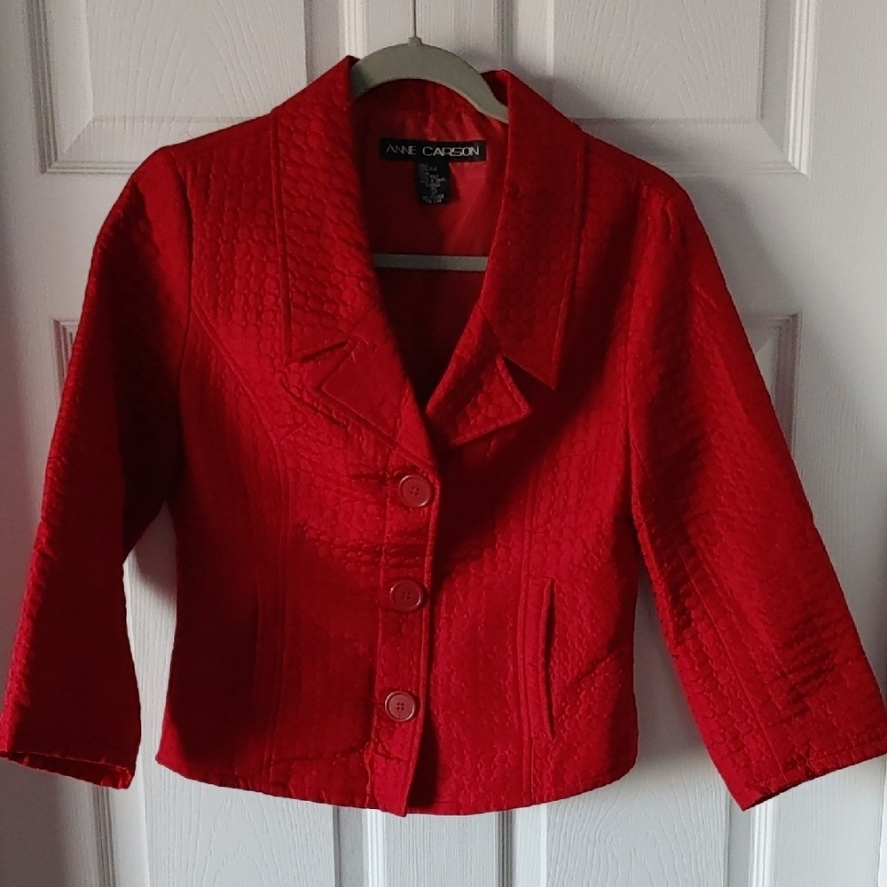 Anne Carson Womens Small Cranberry Red Quilted 100% Silk Jacket Princess Seaming